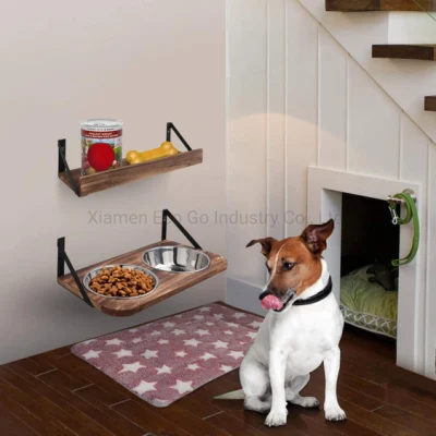 Ciotole per cani, ciotola per cibo per animali rialzata montata a parete con 2 ciotole per cani o gatti in acciaio inossidabile, ciotole rialzate in legno rustico